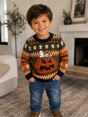 60. Peanuts • NWT Kids Halloween Pumpkin Snoopy Knit Sweater - Olive & Orange